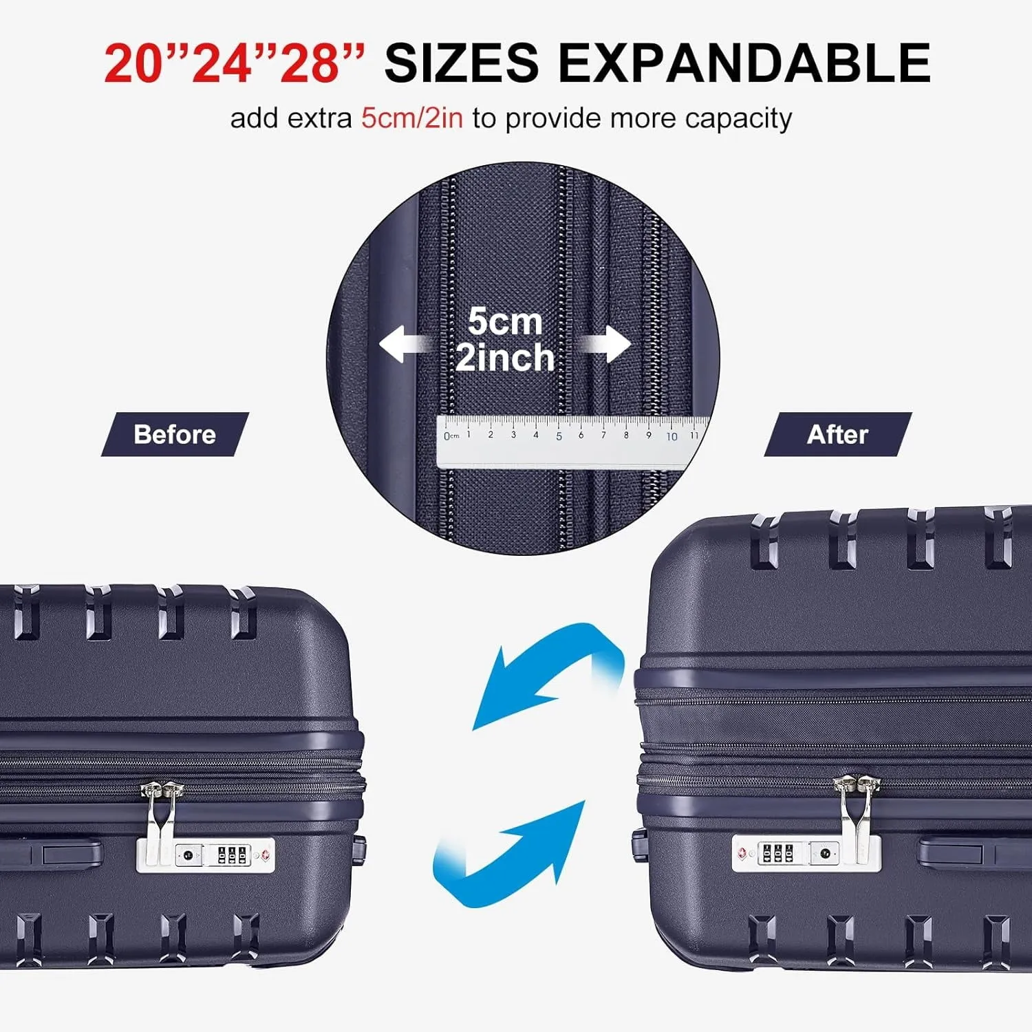 3 piece luggage set, ABS hard shell suitcase set with combination lock | 4 double wheels and inner partition |Suitcases with wheels.