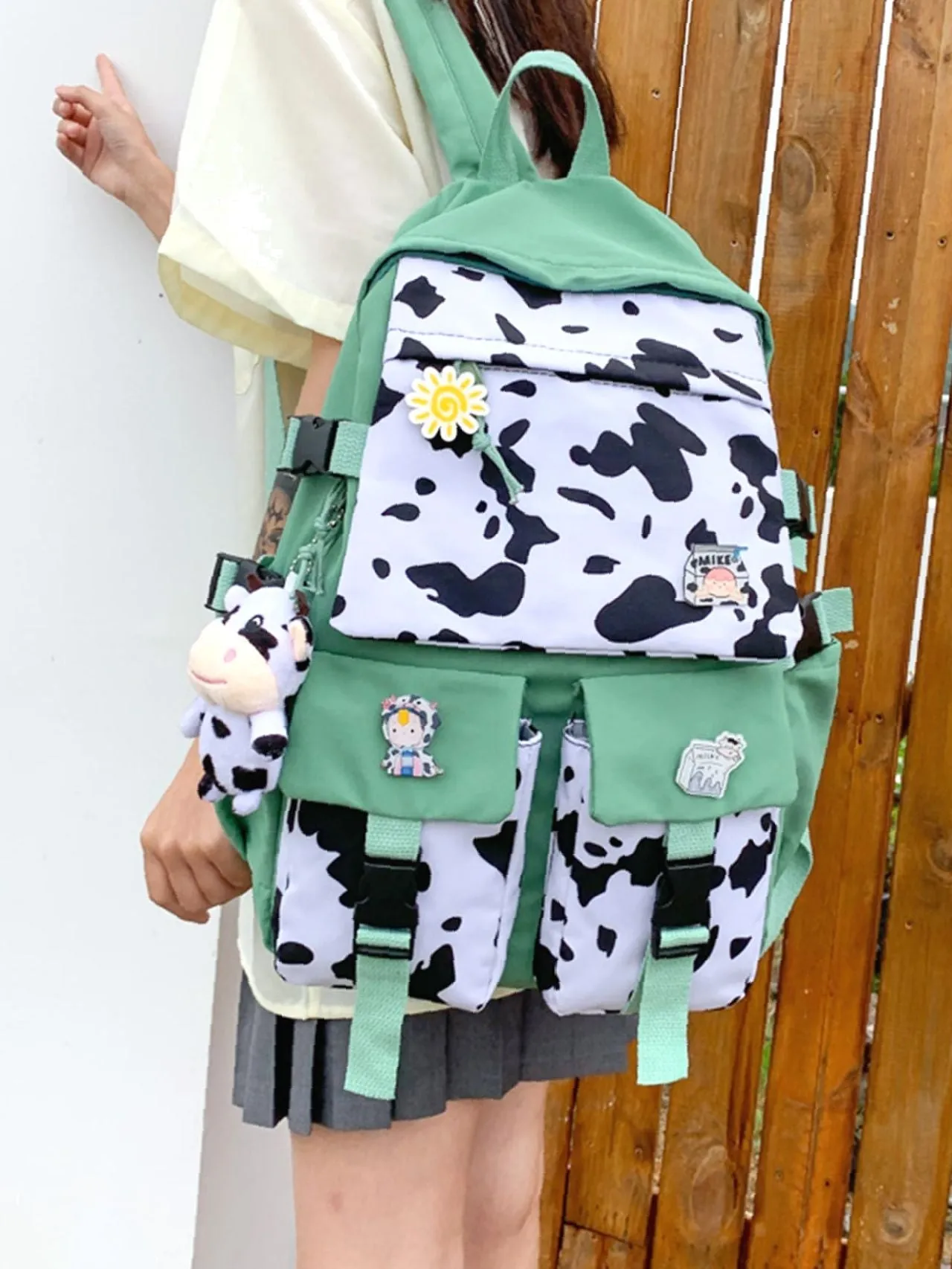 Bag For Love  Cow Print Buckle Decor Functional Backpack   Women Backpacks