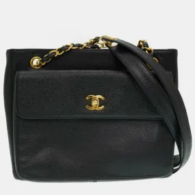 Black Caviar Leather Classic Front Pocket Shoulder Bag