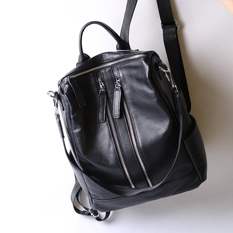 Black Double Zipper Convertible Full Grain Leather Backpack for Women