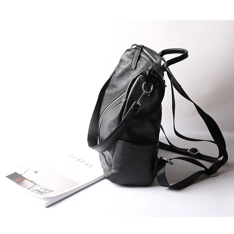 Black Double Zipper Convertible Full Grain Leather Backpack for Women