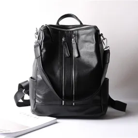 Black Double Zipper Convertible Full Grain Leather Backpack for Women