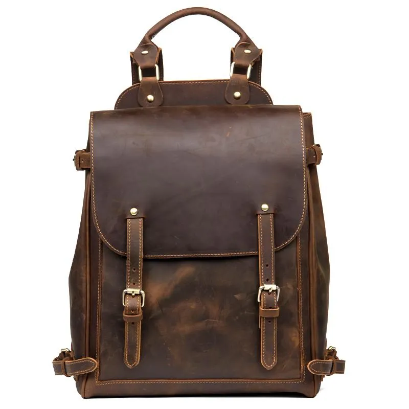 Black Fashion Mens Leather 15-inch Computer Backpack Brown Satchel Backpack School Backpacks for men