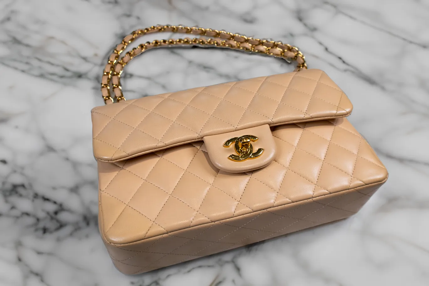 Chanel Beige Quilted Leather Small Vintage Classic Double Flap Bag