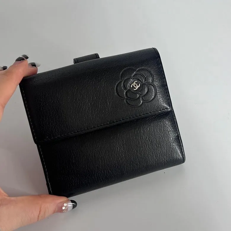 Chanel Black Leather Compact Wallet Camellia Design Small