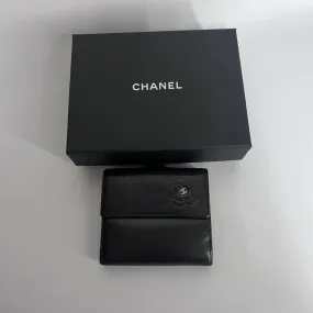 Chanel Black Leather Compact Wallet Camellia Design Small