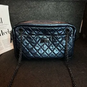 Chanel Dark Blue Leather Quilted Camera Bag 28cm