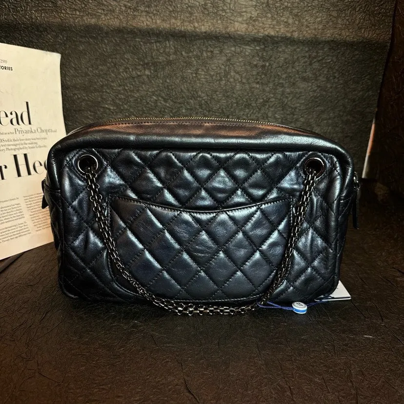 Chanel Dark Blue Leather Quilted Camera Bag 28cm