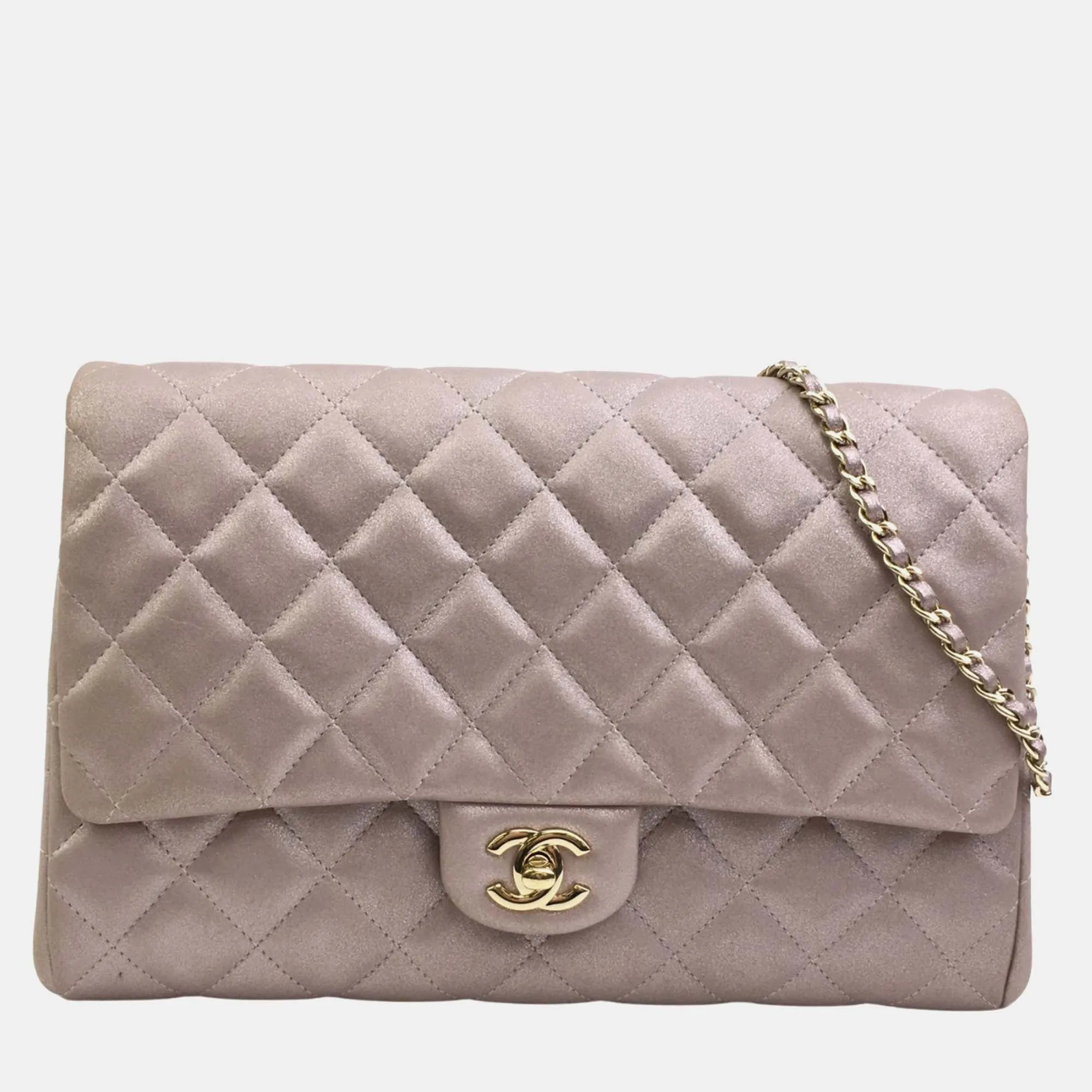 Iridescent Pink Leather Classic Clutch On Chain