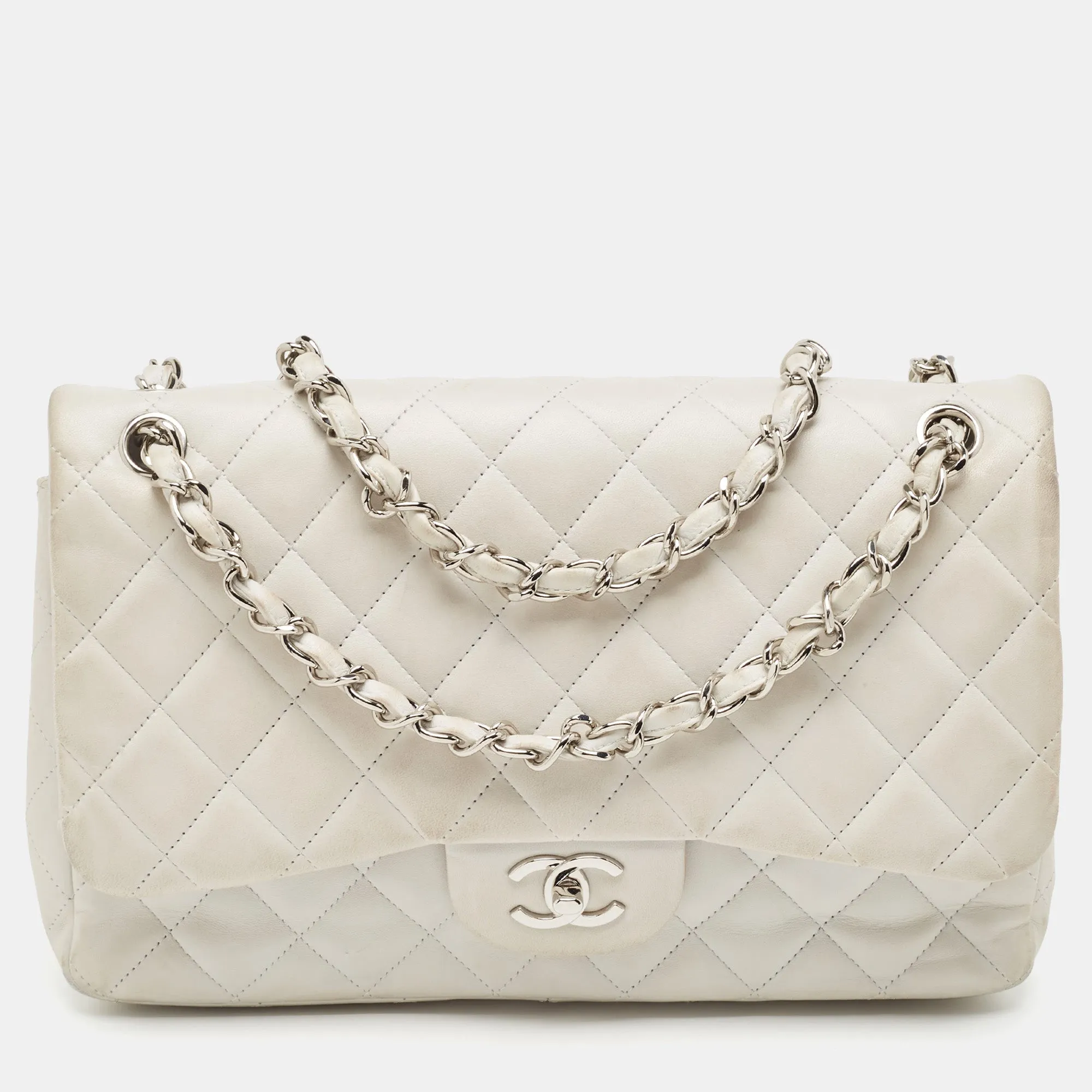 Light Grey Quilted Leather Jumbo Classic Double Flap Bag