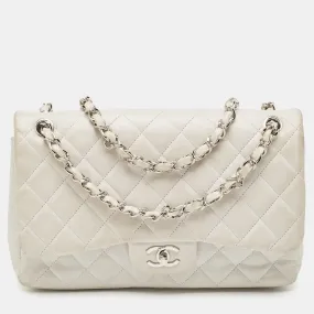 Light Grey Quilted Leather Jumbo Classic Double Flap Bag