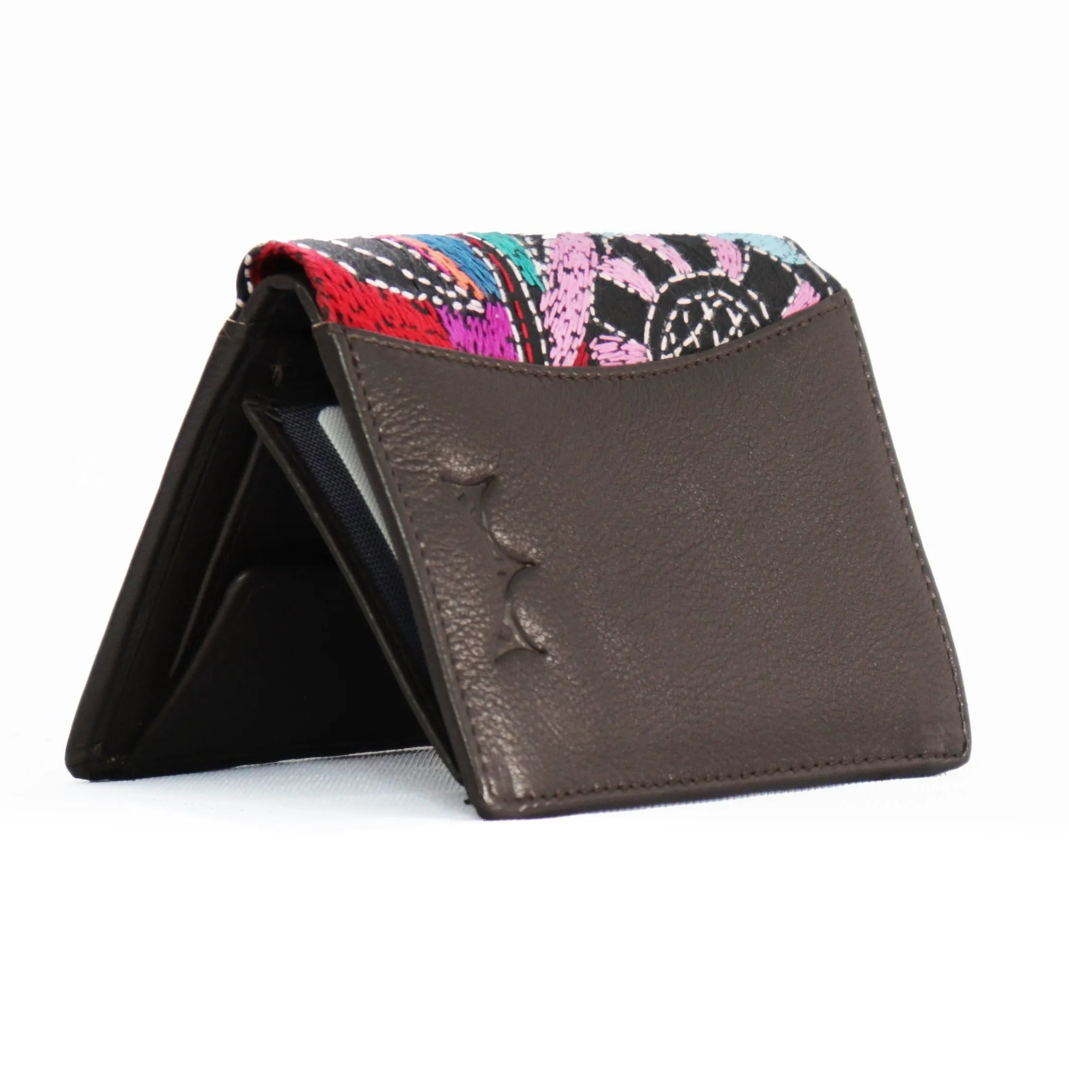 Maheejaa Genuine Leather-Kantha Women's Bi-fold Wallet - Dark Brown