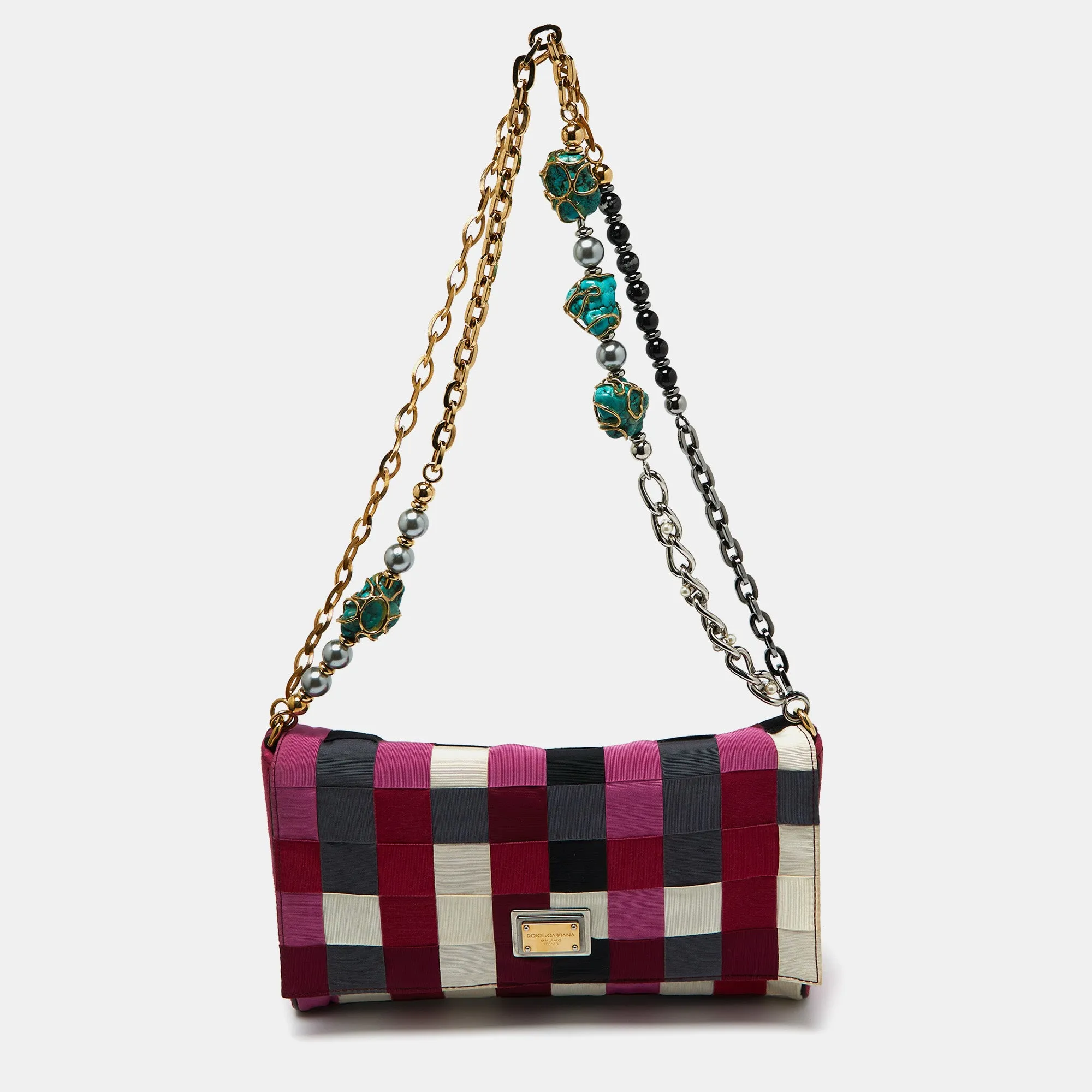 Multicolor Canvas and Suede Flap Chain Clutch