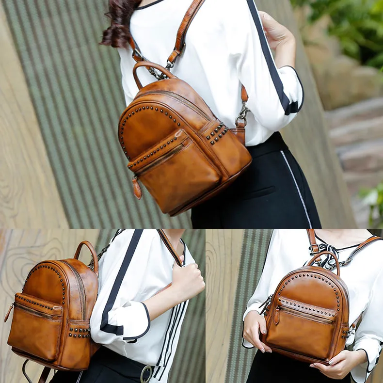 Rivets Womens Vintage Leather Backpack Leather Backpacks for Women