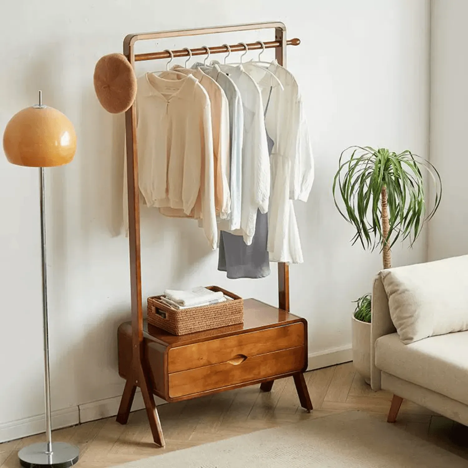 Solid Wood Floor-Standing Clothes Hanger With Two Drawers,Multi-Functional Clothes Storage Rack Coat Rack