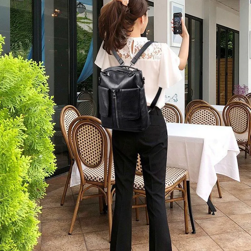 Women's Casual Leather Backpack With Two Pockets