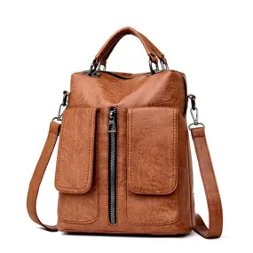 Women's Casual Leather Backpack With Two Pockets