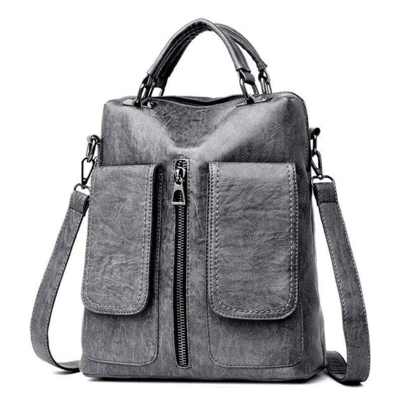 Women's Casual Leather Backpack With Two Pockets