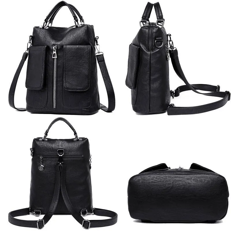 Women's Casual Leather Backpack With Two Pockets