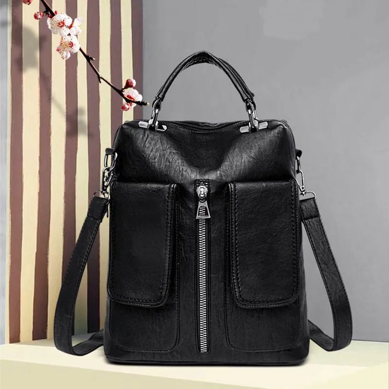 Women's Casual Leather Backpack With Two Pockets