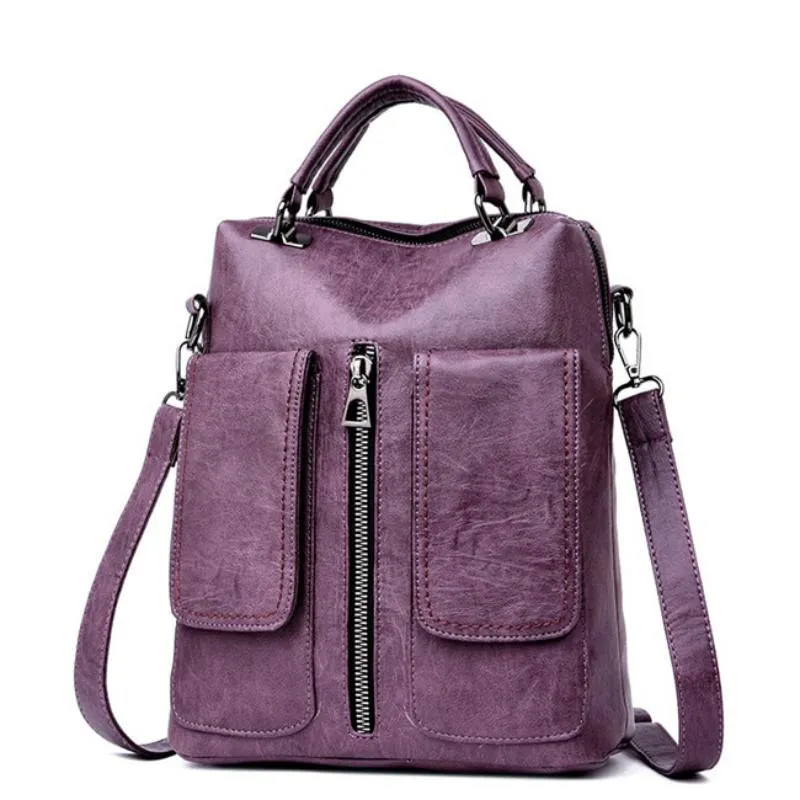 Women's Casual Leather Backpack With Two Pockets