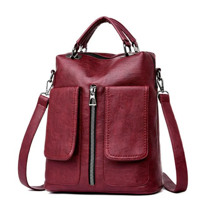 Women's Casual Leather Backpack With Two Pockets