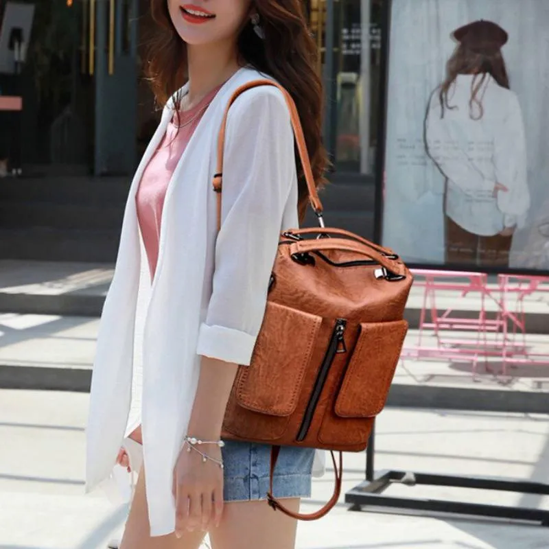 Women's Casual Leather Backpack With Two Pockets